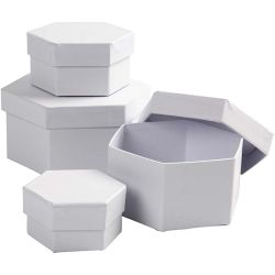 Cajas Hexagonales, A: 4+5+6+7 cm, dia 6,5+8+10+12 cm, blanco, 4 ud/ 1 set
