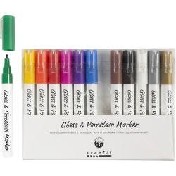Rotulador porcelana y cristal, trazo ancho 1-2 mm, semi opaco, surtido de colores, 12 ud/ 1 paquete