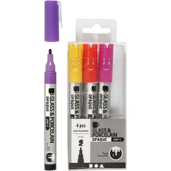 Rotulador porcelana y cristal, trazo ancho 1-2 mm, semi opaco, naranja, morado, rojo claro, amarillo, 4 ud/ 1 paquete