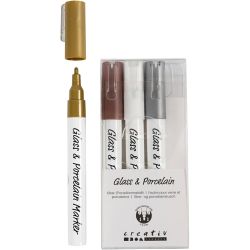 Rotulador porcelana y cristal, trazo ancho 1-2 mm, semi opaco, marrón, dorado, plata, blanco, 4 ud/ 1 paquete