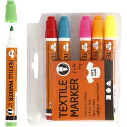 Rotuladores de Tela, trazo ancho 2-4 mm, colores neón, 6 ud/ 1 paquete