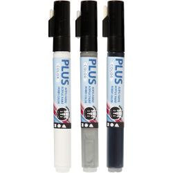 Surtido rotuladores Plus Color , L. 14,5 cm, trazo ancho 1-2 mm, negro, blanquecino, gris lluvia, 5,5 ml, 3 ud/ 1 paquete