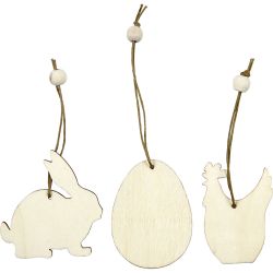 Ornamentos de madera, conejo, huevo, gallina, medidas 6 cm, grosor 3 mm, 9 ud/ 1 paquete