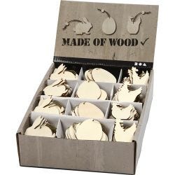 Ornamentos de madera, conejo, huevo, gallina, medidas 6 cm, grosor 3 mm, 200 ud/ 1 paquete