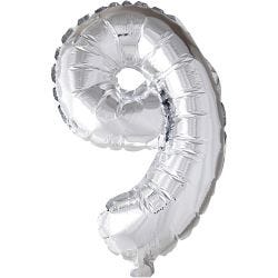 Globo foil, número 9, A: 41 cm, plata, 1 ud