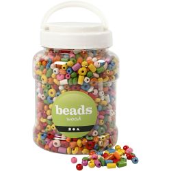 Cuentas de madera, dia 5-8 mm, medida agujero 1,5 mm, surtido de colores, 175 gr, 400 ml/ 1 cubo