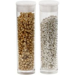 Cuentas de Semillas de Rocaille, dia 1,7 mm, medidas 15/0, medida agujero 0,5-0,8 mm, dorado, plata, 2x7 gr/ 1 paquete