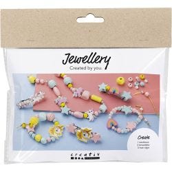 Mini kit de manualidades joyas, Collar, pulseras, pendientes, azul claro, rojo claro, amarillo, 1 paquete