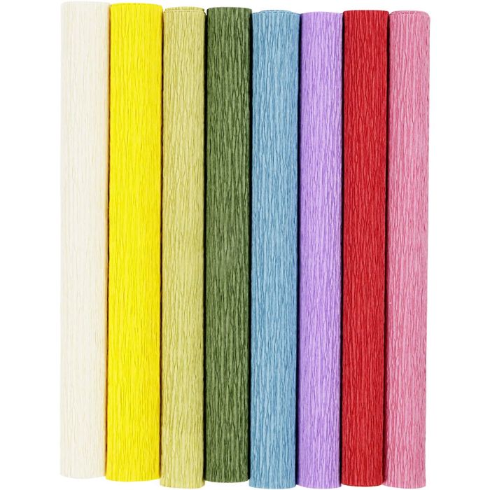 Papel Crepé, hoja 25x60 cm, Relación crêpe: 180%, 105 gr, colores estándar, 8 hoja/ 1 paquete