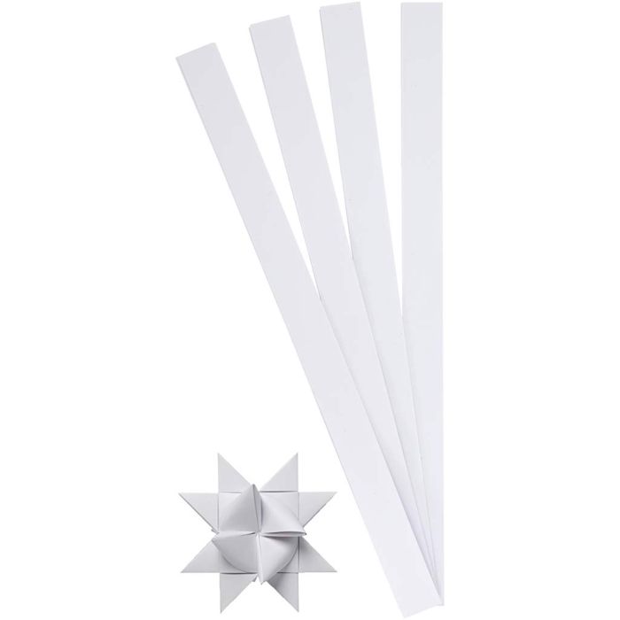 Tiras de papel para estrellas, L. 45 cm, dia 6,5 cm, A: 15 mm, blanco, 100 tiras/ 1 paquete