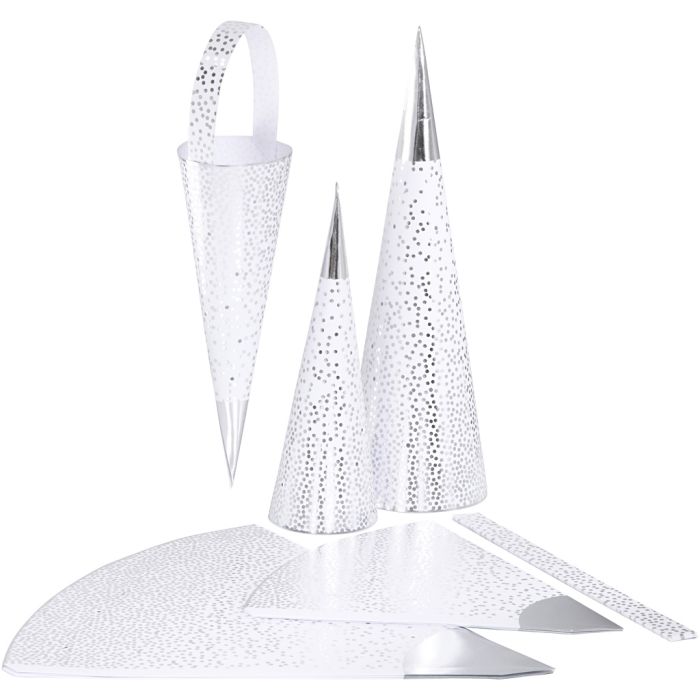 Conos, A: 18+28 cm, 120 gr, plata, blanco, 3 ud/ 1 paquete
