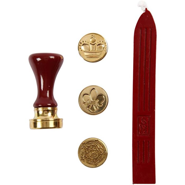 Kit para sellar con cera, corona, flor y flor de lis, dia 18 mm, 1 set