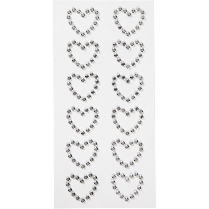 Gemas corazón adhesivas, medidas 23x21 mm, plata, 12 ud/ 1 paquete