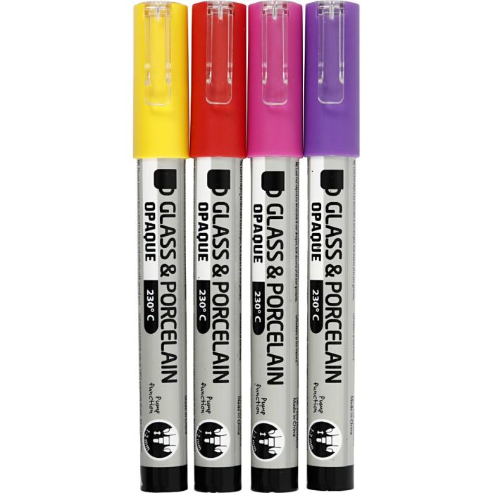 Rotulador porcelana y cristal, trazo ancho 1-2 mm, semi opaco, naranja, morado, rojo claro, amarillo, 4 ud/ 1 paquete