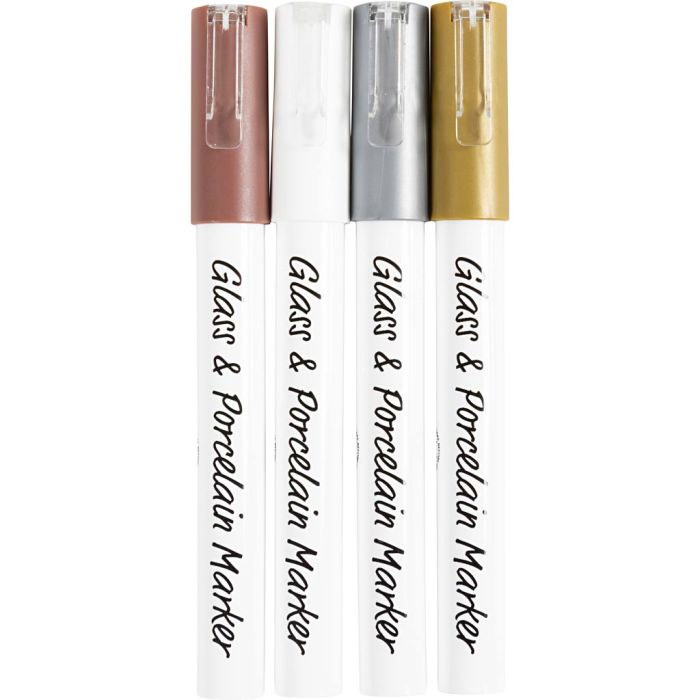 Rotulador porcelana y cristal, trazo ancho 1-2 mm, semi opaco, marrón, dorado, plata, blanco, 4 ud/ 1 paquete