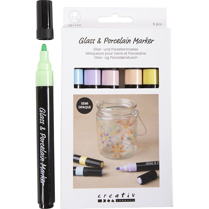 Marcadores de porcelana y cristal, trazo ancho 1-4 mm, semi opaco, colores pastel, 6 ud/ 1 paquete