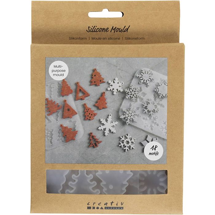Molde de silicona, Copos de nieve y árboles de Navidad, A: 0,3 cm, A: 3,5+4,7 cm, con orificio para colgar, mate transparente, 2 ud/ 1 ud