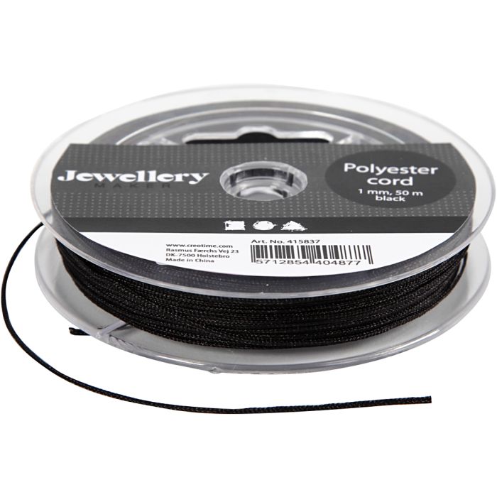Cordón de poliéster, grosor 1 mm, negro, 50 m/ 1 rollo