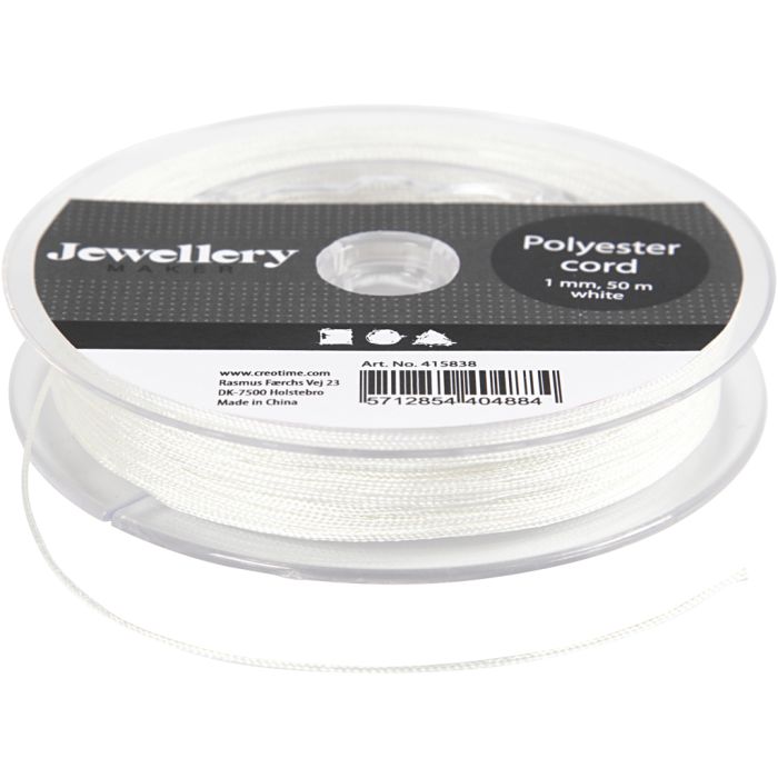 Cordón de poliéster, grosor 1 mm, blanco, 50 m/ 1 rollo