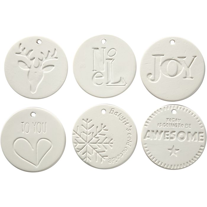 Decoraciones colgantes, medidas 7x7 cm, grosor 0,6 cm, blanco, 6 ud/ 1 paquete