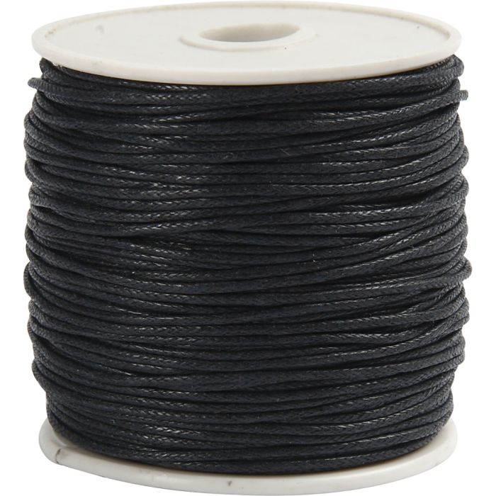 Cordón de algodón, grosor 1 mm, encerado, negro, 40 m/ 1 rollo