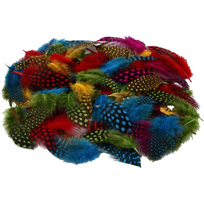Plumas de gallina de guinea, ca. 1500 ud, surtido de colores, 50 gr/ 1 paquete