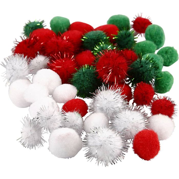 Pompones, dia 15+20 mm, verde, rojo, blanco, 48 ud/ 1 paquete