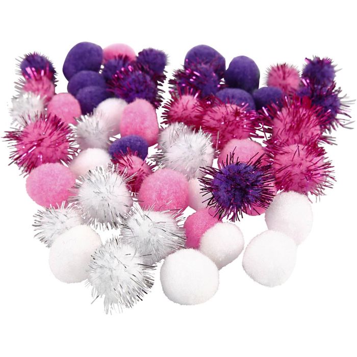 Pompones, dia 15+20 mm, morado, rojo claro, blanco, 48 ud/ 1 paquete