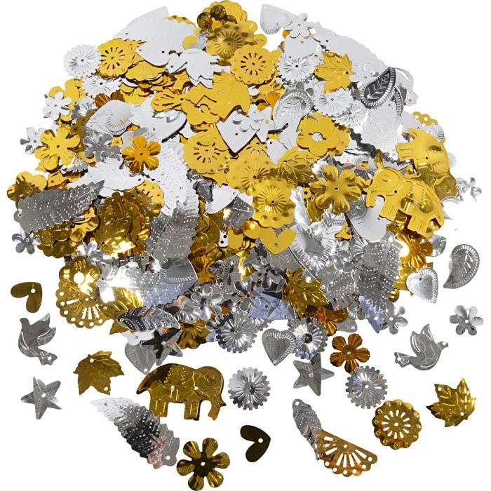 Lentejuelas, medidas 15-45 mm, dorado, plata, 400 gr/ 1 paquete