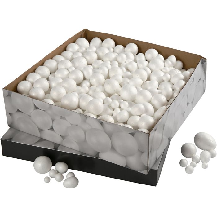 Bolas y Huevos de Poliestireno, medidas 1,5-6,1 cm, blanco, 550 ud/ 1 paquete