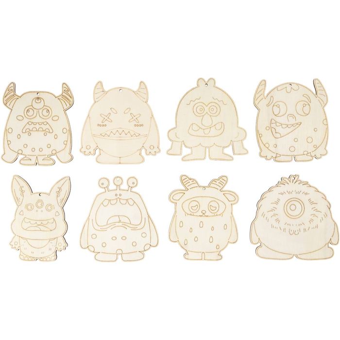 Figuras de madera, Monstruos, A: 12,4 cm, grosor 3 mm, 8 ud/ 1 paquete