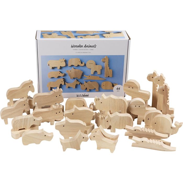 Animales de madera, Granja y safari, A: 3-14,5 cm, grosor 2 cm, 44 ud/ 1 paquete