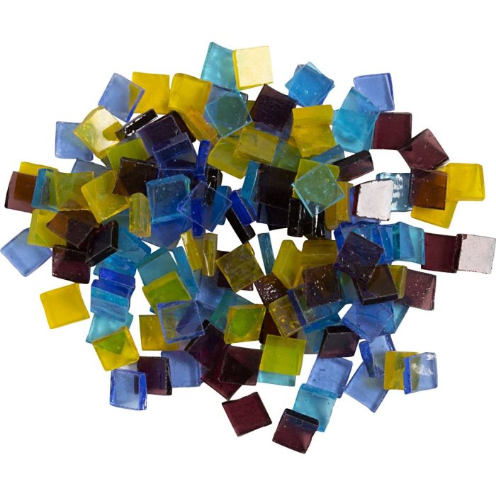 Teselas de cristal para mosaico, medidas 10x10 mm, grosor 3 mm, transparente, azul, azul claro, morado, amarillo, 454 gr/ 1 paquete