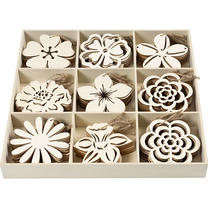 Ornamentos de madera, dia 100 mm, grosor 3 mm, flores, 90 ud/ 1 paquete