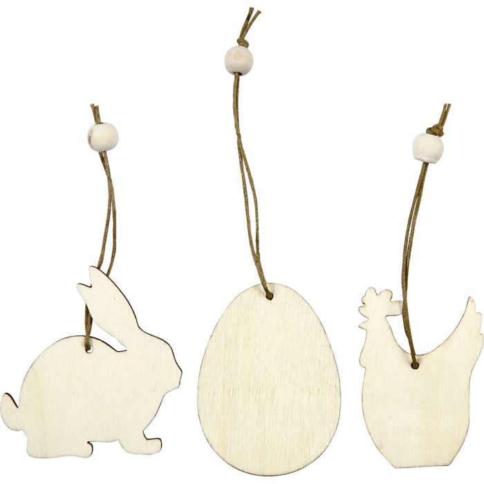 Ornamentos de madera, conejo, huevo, gallina, medidas 6 cm, grosor 3 mm, 9 ud/ 1 paquete