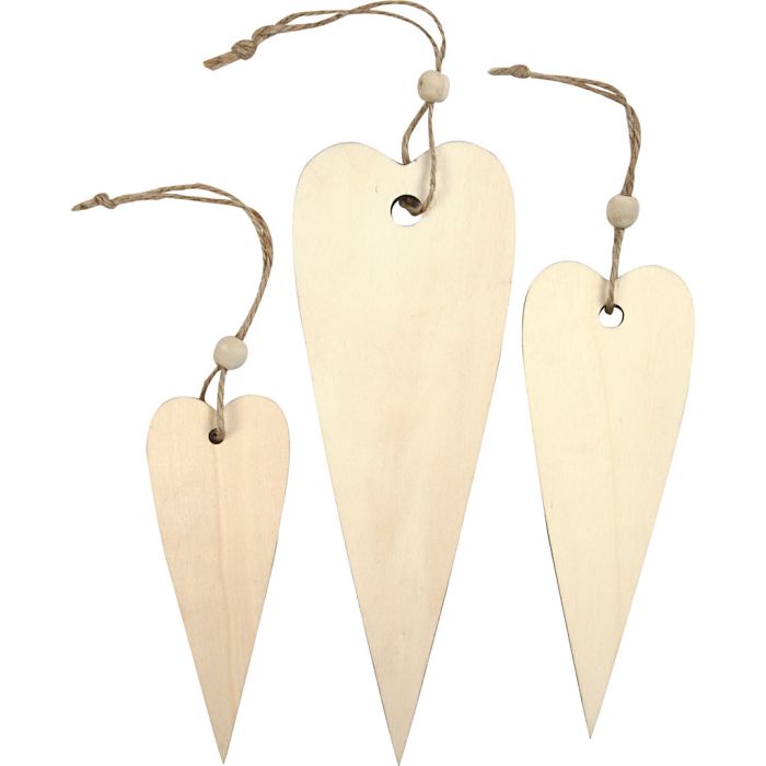 Ornamentos de madera, Corazón alargado, A: 12+16+20 cm, grosor 5 mm, 3 ud/ 1 paquete