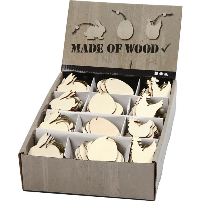 Ornamentos de madera, conejo, huevo, gallina, medidas 6 cm, grosor 3 mm, 200 ud/ 1 paquete