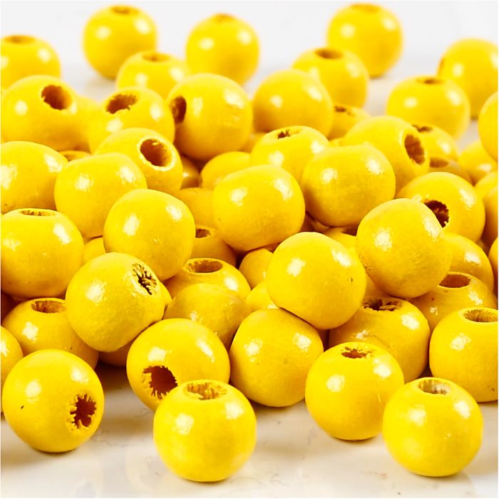 Cuentas de Madera, dia 8 mm, medida agujero 2 mm, ca. 80 ud, amarillo, 15 gr/ 1 paquete