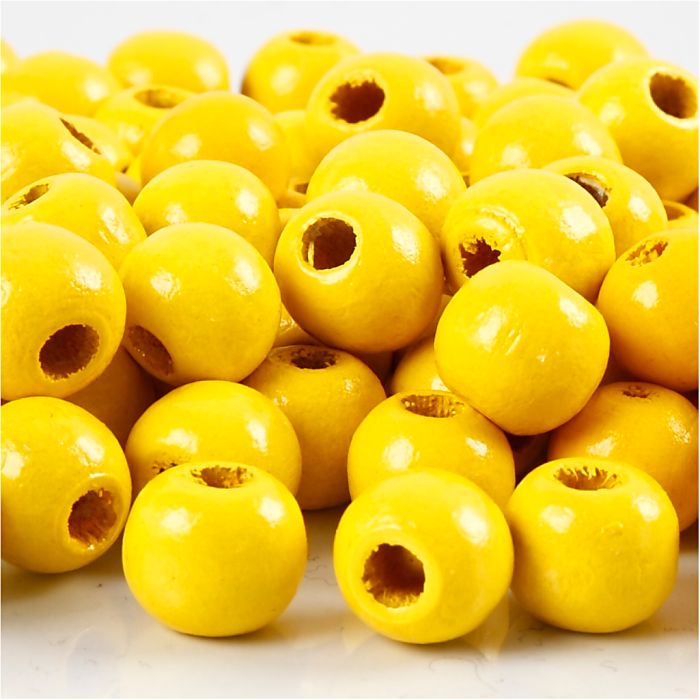 Cuentas de Madera, dia 10 mm, medida agujero 3 mm, ca. 70 ud, amarillo, 20 gr/ 1 paquete