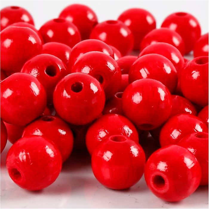 Cuentas de Madera, dia 10 mm, medida agujero 3 mm, ca. 70 ud, rojo, 20 gr/ 1 paquete