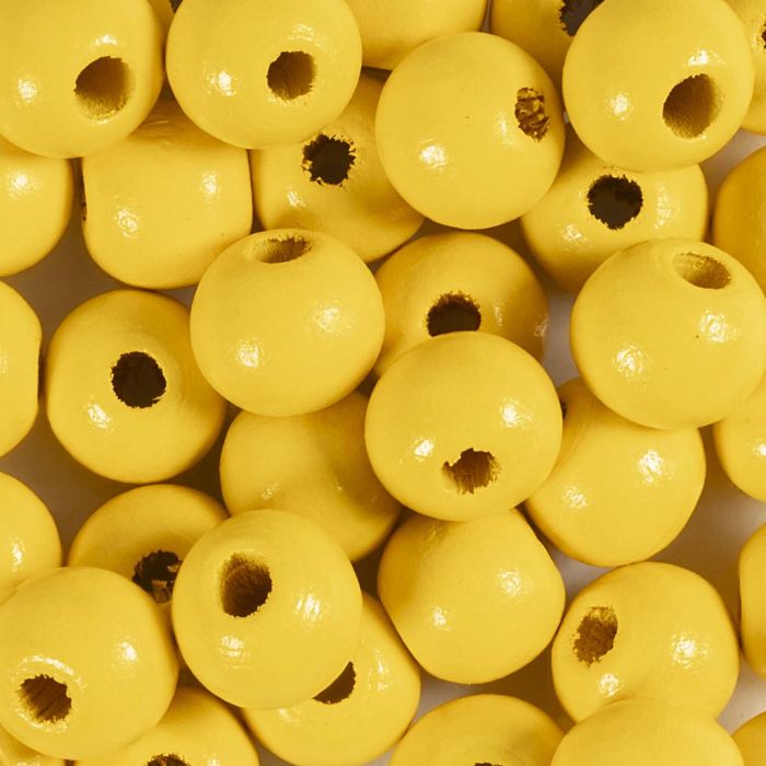 Cuentas de Madera, dia 10 mm, medida agujero 3 mm, amarillo, 175 ud, 50 gr/ 1 paquete