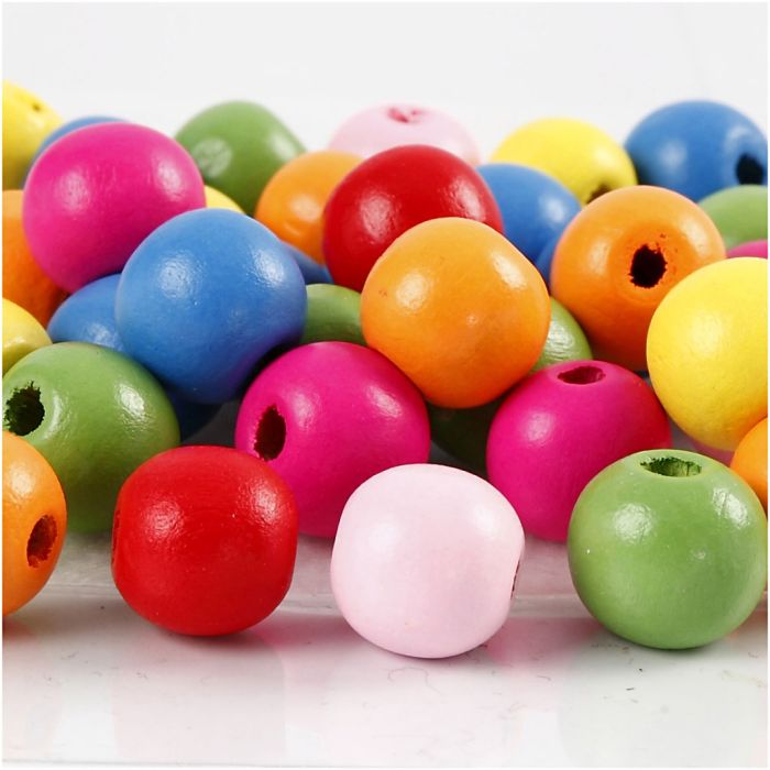 Cuentas de madera, dia 12 mm, medida agujero 2,5-3 mm, ca. 800 ud, surtido de colores, 500 gr/ 1 bolsa