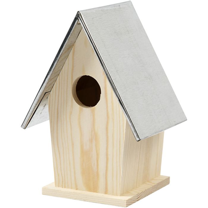 Casa de pájaro con techo metálico, medidas 13,5x11x19 cm, medida agujero 32 mm, 1 ud
