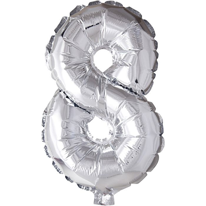 Globo foil, número 8, A: 41 cm, plata, 1 ud