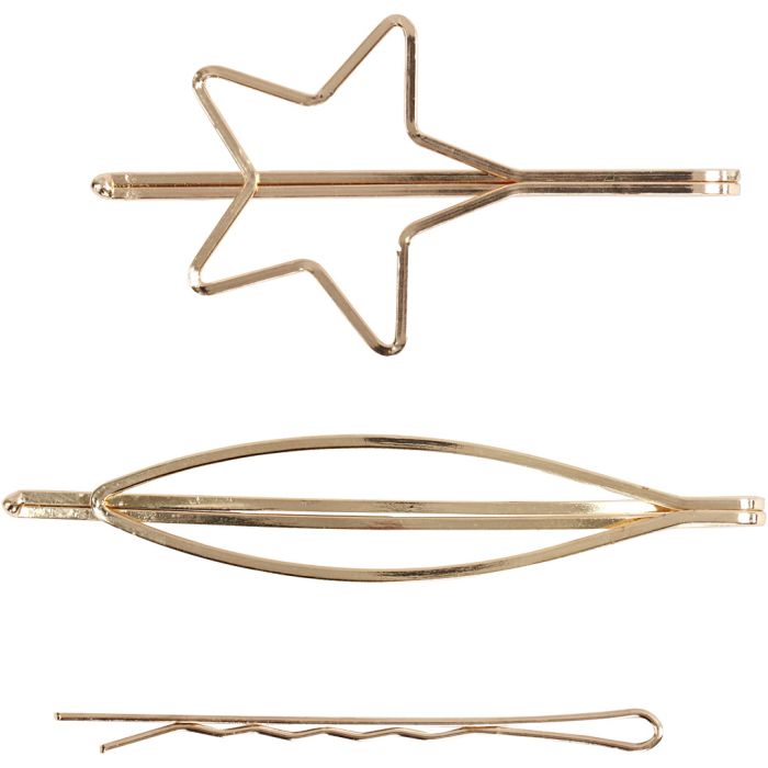 Clips de pelo, L. 70 mm, A: 32 mm, dorado/plateado, 3 ud/ 1 paquete