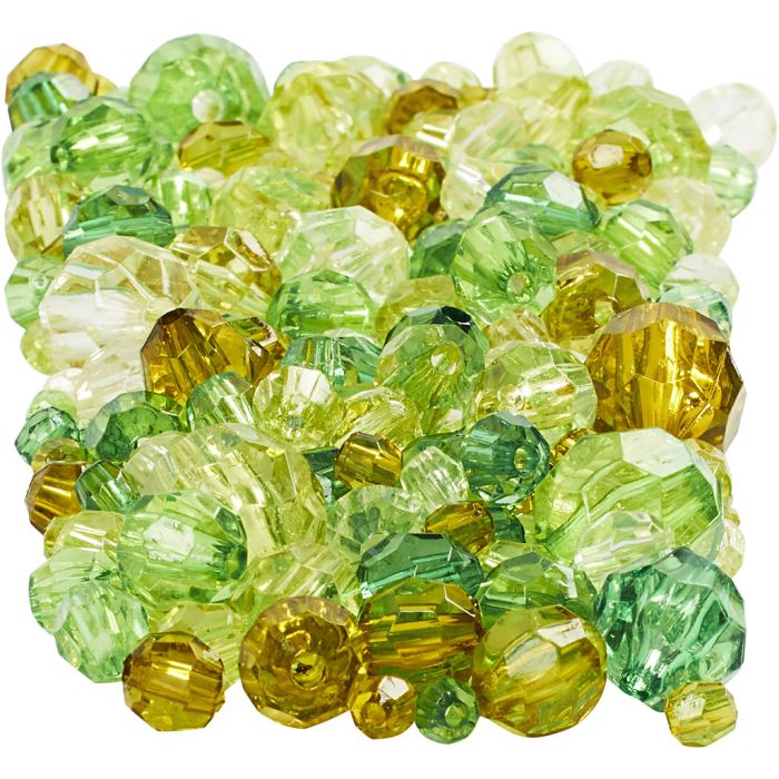 Cuentas Facetadas, medidas 4-12 mm, medida agujero 1-2,5 mm, ca. 860 ud, verde purpurina, 250 gr/ 1 paquete