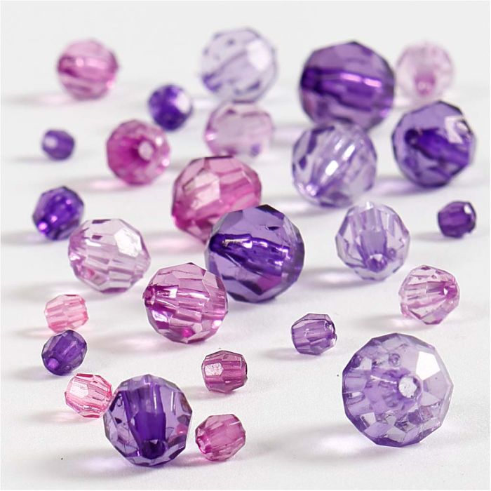 Cuentas Facetadas, medidas 4-12 mm, medida agujero 1-2,5 mm, ca. 170 ud, morado, 45 gr/ 1 paquete