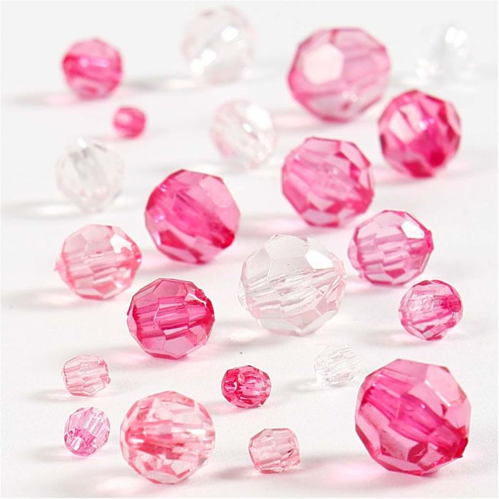 Cuentas Facetadas, medidas 4-12 mm, medida agujero 1-2,5 mm, ca. 170 ud, rosa, 45 gr/ 1 paquete