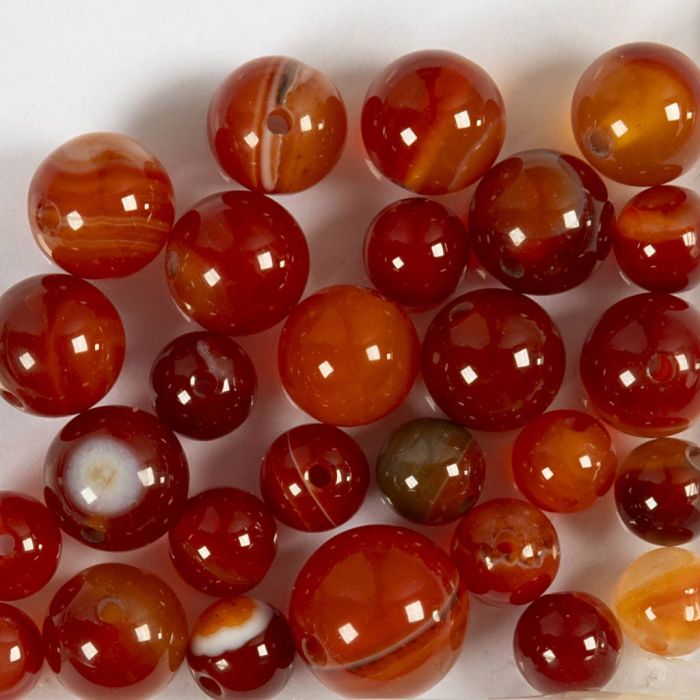 Cuentas de ágata, dia 6+8+10 mm, medida agujero 0,9-1 mm, orange oscuro, rojo, 28 ud/ 1 paquete