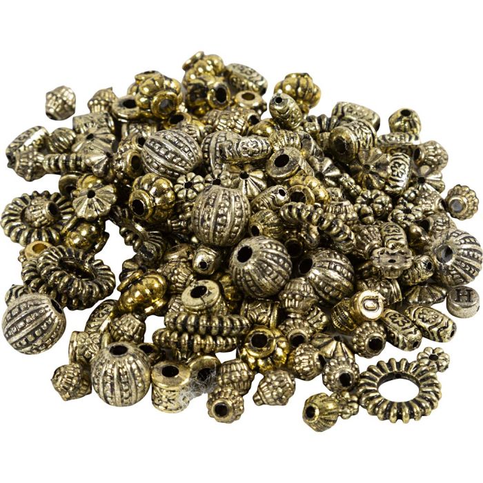 Variedad de abalorios, dia 3-20 mm, medida agujero 1,5-3 mm, varios diseños, colores metálicos, 50 gr/ 1 paquete